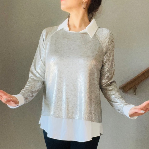 KIM & CAMI | Silver Sheen White Collar, Hem and Cuff Top - Picture 1 of 6